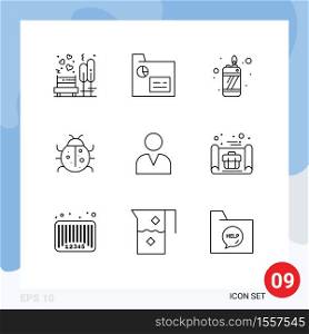 Group of 9 Modern Outlines Set for administrator, nature, records, ladybug, cute Editable Vector Design Elements