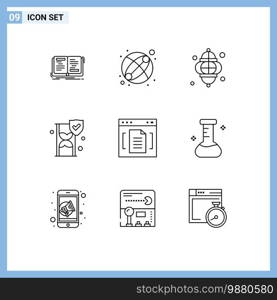 Group of 9 Modern Outlines Set for archive, security, lantern, insurance, festival Editable Vector Design Elements