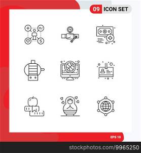 Group of 9 Modern Outlines Set for basketball, engine, repair, electric, finance Editable Vector Design Elements