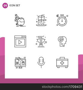 Group of 9 Modern Outlines Set for beach, media page, juice, media, interface Editable Vector Design Elements