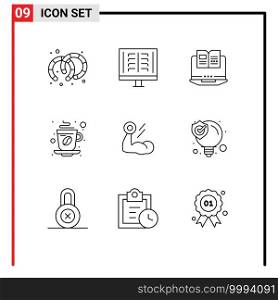 Group of 9 Modern Outlines Set for biceps, coffee, laptop, tea, cup Editable Vector Design Elements