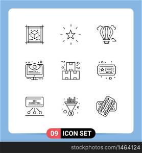 Group of 9 Modern Outlines Set for box, options, balloon, monitoring, configuration Editable Vector Design Elements