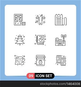 Group of 9 Modern Outlines Set for camping, plant, smartphone, price, invoice Editable Vector Design Elements