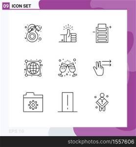 Group of 9 Modern Outlines Set for connections, globe, review, earth, energy Editable Vector Design Elements