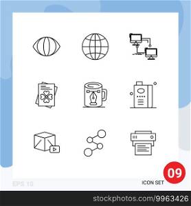 Group of 9 Modern Outlines Set for drawing, coffee, lan, ireland, passport Editable Vector Design Elements