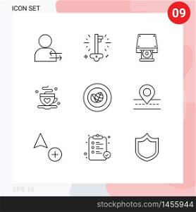 Group of 9 Modern Outlines Set for eco, love, dvd, tea, cup Editable Vector Design Elements