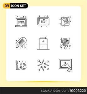 Group of 9 Modern Outlines Set for electric, battery, day, summer, ice Editable Vector Design Elements