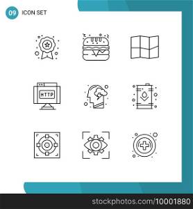 Group of 9 Modern Outlines Set for energy, human, map, head, link Editable Vector Design Elements