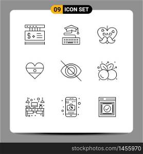 Group of 9 Modern Outlines Set for eye, heartflag, dad, heart, indian Editable Vector Design Elements