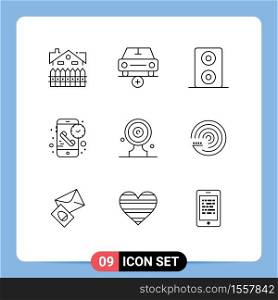 Group of 9 Modern Outlines Set for focus board, time, plus, receiver, duration Editable Vector Design Elements