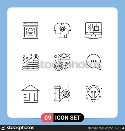 Group of 9 Modern Outlines Set for graph, chart, management, analysis, window Editable Vector Design Elements