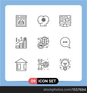 Group of 9 Modern Outlines Set for graph, chart, management, analysis, window Editable Vector Design Elements