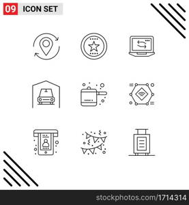 Group of 9 Modern Outlines Set for kitchen, van, medal, garage, laptop Editable Vector Design Elements