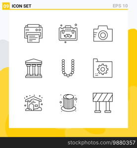 Group of 9 Modern Outlines Set for lux, accesoris, camera, cash, user Editable Vector Design Elements