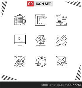 Group of 9 Modern Outlines Set for machine, tv, building, technology, devices Editable Vector Design Elements