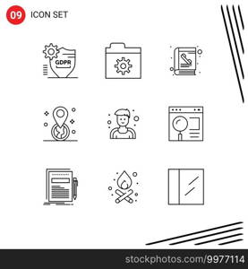 Group of 9 Modern Outlines Set for man, pin, book, location, geolocation Editable Vector Design Elements