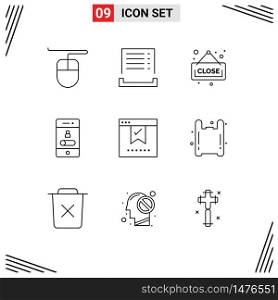 Group of 9 Modern Outlines Set for office, check, shopping, bookmark, smartphone Editable Vector Design Elements