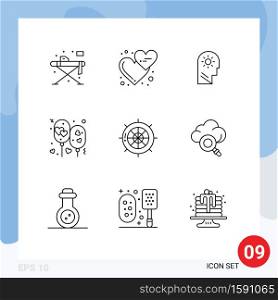 Group of 9 Modern Outlines Set for romantic, love, love hearts, balloon, setting Editable Vector Design Elements