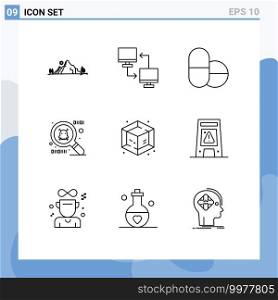 Group of 9 Modern Outlines Set for signal, object, sharing, process, spy ware Editable Vector Design Elements