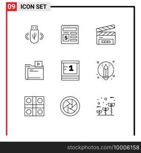 Group of 9 Modern Outlines Set for study, media, clapboard, video, folder Editable Vector Design Elements