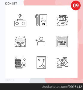 Group of 9 Modern Outlines Set for suit case, brief, programming, bag, media player Editable Vector Design Elements