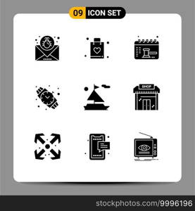 Group of 9 Modern Solid Glyphs Set for boat, jewelry, faq, watch, balance Editable Vector Design Elements