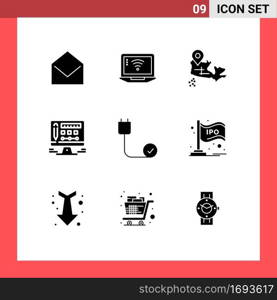 Group of 9 Modern Solid Glyphs Set for devices, connected, canada, computers, screen Editable Vector Design Elements