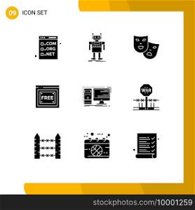 Group of 9 Modern Solid Glyphs Set for free, internet, bot, free access, theater Editable Vector Design Elements