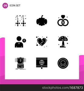 Group of 9 Modern Solid Glyphs Set for health, development, love, user, avatar Editable Vector Design Elements