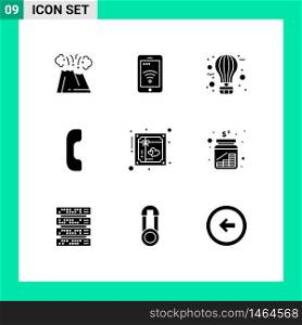 Group of 9 Modern Solid Glyphs Set for heart, call, wifi, answer, hot Editable Vector Design Elements