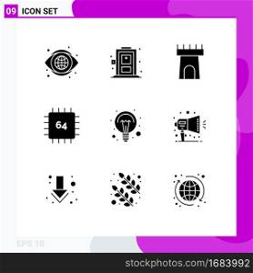 Group of 9 Modern Solid Glyphs Set for ideas, education, castle, hardware, devices Editable Vector Design Elements