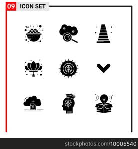 Group of 9 Modern Solid Glyphs Set for new year, flower, cloud search, chinese, vlc Editable Vector Design Elements