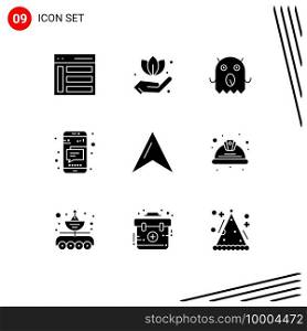 Group of 9 Modern Solid Glyphs Set for pointer, location, monster, text, mobile Editable Vector Design Elements