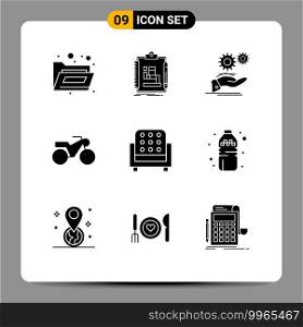 Group of 9 Modern Solid Glyphs Set for seat, furniture, solution, motorcycle, services Editable Vector Design Elements