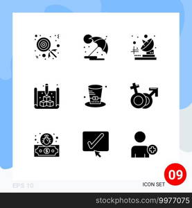 Group of 9 Modern Solid Glyphs Set for usa, hat, telecommunication, day, print Editable Vector Design Elements