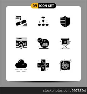 Group of 9 Modern Solid Glyphs Set for web, shield, data architecture, security, protection Editable Vector Design Elements