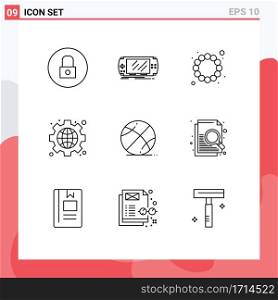 Group of 9 Outlines Signs and Symbols for ball, globe, psp, web, gear Editable Vector Design Elements