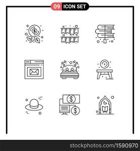 Group of 9 Outlines Signs and Symbols for bed, page, books, mail, browser Editable Vector Design Elements
