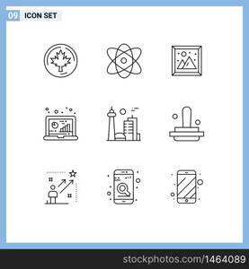 Group of 9 Outlines Signs and Symbols for building, data, image, computer, analysis Editable Vector Design Elements