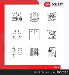 Group of 9 Outlines Signs and Symbols for building, interior, diamond, desk, education Editable Vector Design Elements