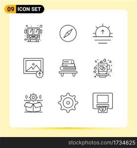 Group of 9 Outlines Signs and Symbols for coffee, education, sunrise, knowledge, upload Editable Vector Design Elements