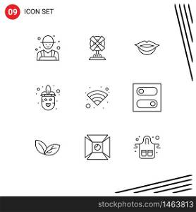 Group of 9 Outlines Signs and Symbols for control, wifi, lips, technology, mardi gras Editable Vector Design Elements