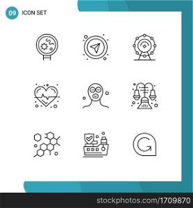 Group of 9 Outlines Signs and Symbols for cosmetics, care, browser, science, beat Editable Vector Design Elements