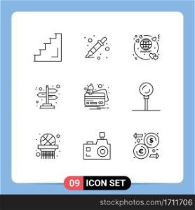 Group of 9 Outlines Signs and Symbols for credit, directions, liquidator, direction, travel Editable Vector Design Elements