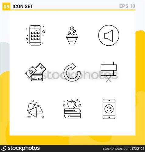 Group of 9 Outlines Signs and Symbols for dollar, money, growing, credit card, speaker Editable Vector Design Elements