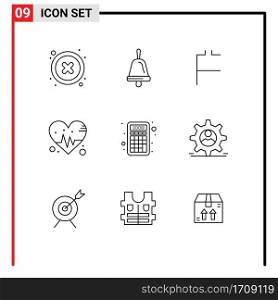 Group of 9 Outlines Signs and Symbols for education, calculator, coin, accounting, heart Editable Vector Design Elements