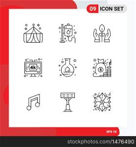 Group of 9 Outlines Signs and Symbols for energy, technology, conservation, media, computer Editable Vector Design Elements