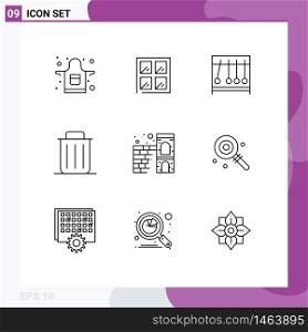 Group of 9 Outlines Signs and Symbols for firewall, home, medical, trash, recycle Editable Vector Design Elements