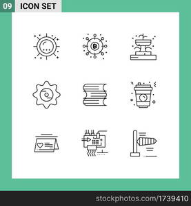 Group of 9 Outlines Signs and Symbols for food, cap, money, bottle, garden Editable Vector Design Elements