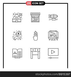 Group of 9 Outlines Signs and Symbols for gesture, finger, filled, payment, hand Editable Vector Design Elements